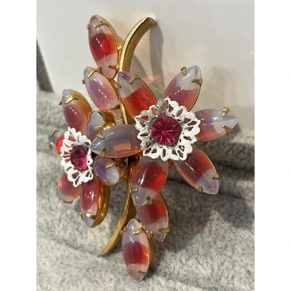 Pink Rhinestone Givre Molded Brooch Layered AB Flower Spray Prong- Juliana Style